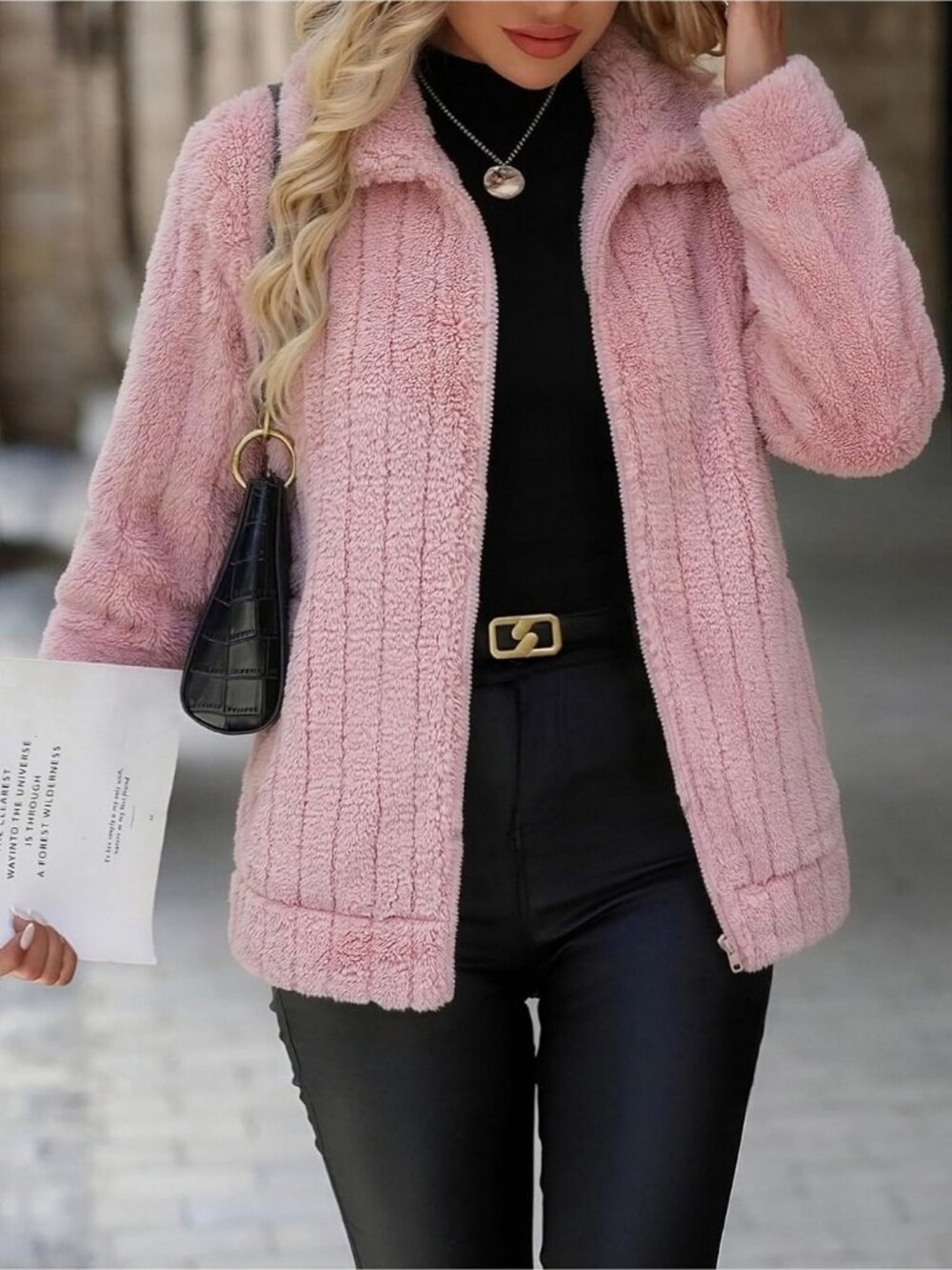 Women's Pink Red Full Zip Stand Collar Fleece Sherpa Pockets long sleeve Jacket - Picture 5 of 6
